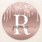 Roze Gouden Glitterdruppels Metaal Meisjesachtig M Ronde Kartonnen Onderzetter (Voorkant)