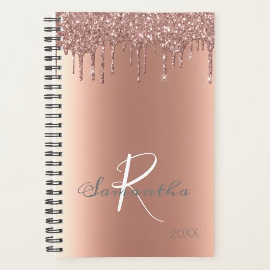 Roze Gouden Glitterende Drips Trendy Jaarlijkse Mo Planner (Voorkant)