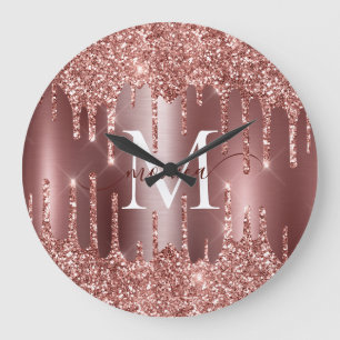 Roze Gouden Glitterende Druppels Monogram Geperson Grote Klok