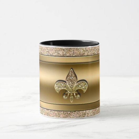Roze & Gouden Glitterende Fleur de lis Chic Mok (Midden)