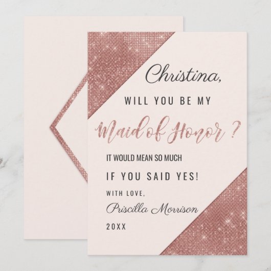 Roze Gouden Glitterende Pailletten Bruidsmeisje Bi Kaart (Voorkant / Achterkant)
