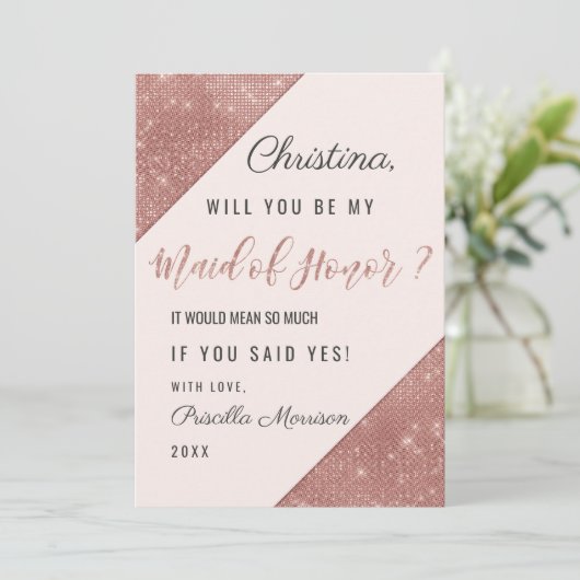 Roze Gouden Glitterende Pailletten Bruidsmeisje va Kaart (Staand voorkant)