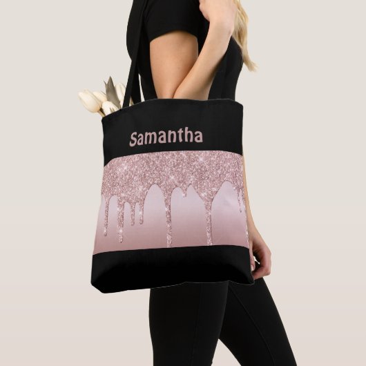 Roze Gouden Glitterende Roze Blush Monogram Tote Bag (Dichtbij)