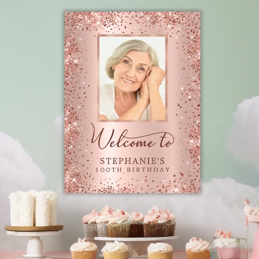 Roze Gouden Glitters 100e Verjaardag Foto Welkom Poster