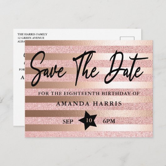 Roze Gouden Glitters 18e Verjaardag Save The Date Briefkaart (Voorkant / Achterkant)