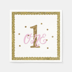Roze & Gouden Glitters 1 EEN 1e Verjaardagsfeestje Servet