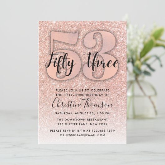Roze Gouden Glitters 53e Verjaardagsuitnodiging Kaart (Staand voorkant)