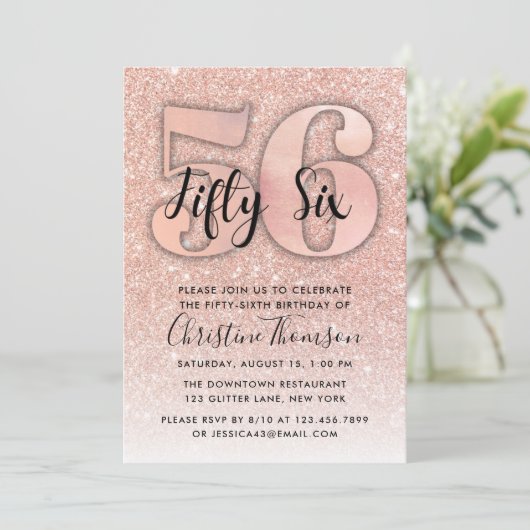 Roze Gouden Glitters 56e Verjaardagsuitnodiging Kaart (Staand voorkant)