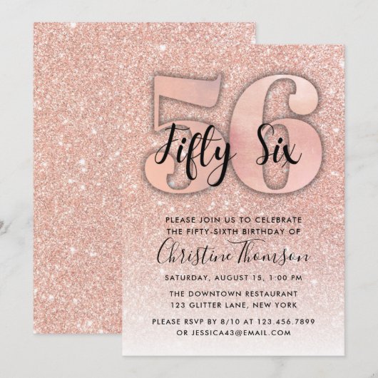 Roze Gouden Glitters 56e Verjaardagsuitnodiging Kaart (Voorkant / Achterkant)