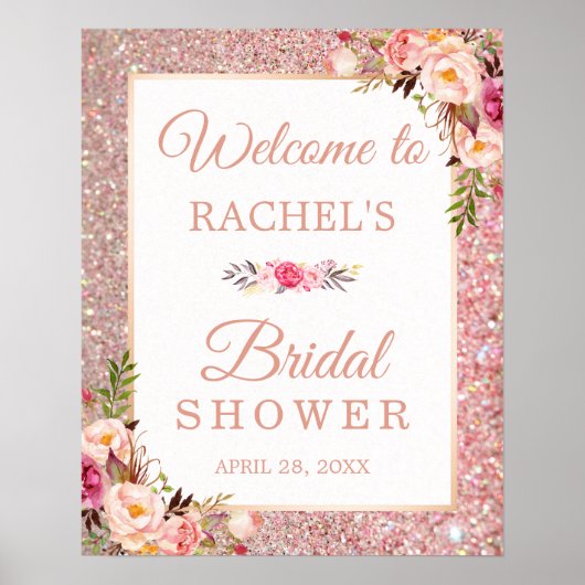 Roze Gouden Glitters Bloemen Bruids Shower Bord Poster (Voorkant)