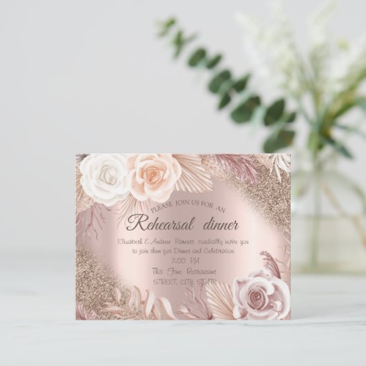 Roze Gouden Glitters Boho Bloemen Proef Diners Kaart (Staand voorkant)