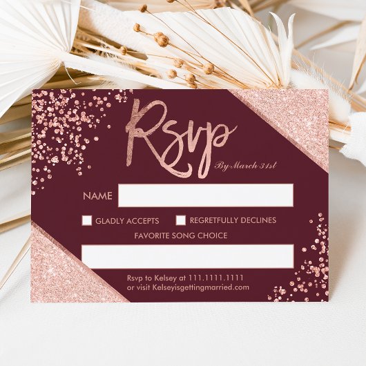 Roze gouden glitters confetti burgundy rsvp bruilo