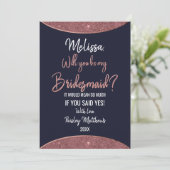 Roze gouden glitters donkerblauwe ronde bruidsmeis kaart (Staand voorkant)