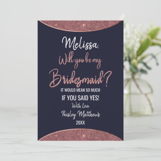 Roze gouden glitters donkerblauwe ronde bruidsmeis kaart (Staand voorkant)