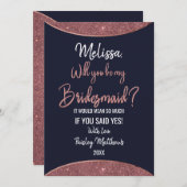 Roze gouden glitters donkerblauwe ronde bruidsmeis kaart (Voorkant / Achterkant)