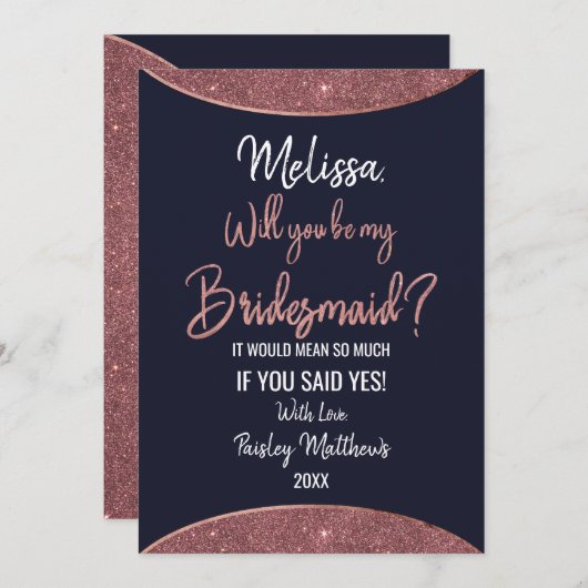 Roze gouden glitters donkerblauwe ronde bruidsmeis kaart (Voorkant / Achterkant)
