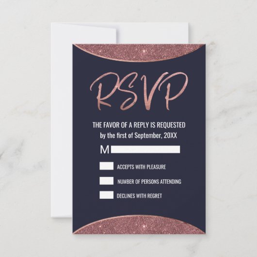 Roze Gouden Glitters Donkerblauwe Ronde RSVP (Voorkant)