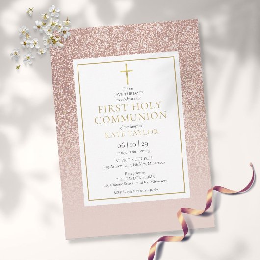 Roze Gouden Glitters Eerste Heilige Communie Save The Date