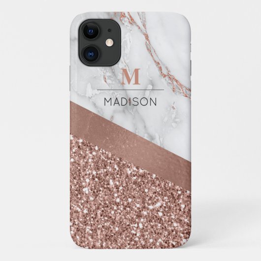 Roze Gouden Glitters en Glanzende Marmeren Monogra Case-Mate iPhone Case (Achterkant)