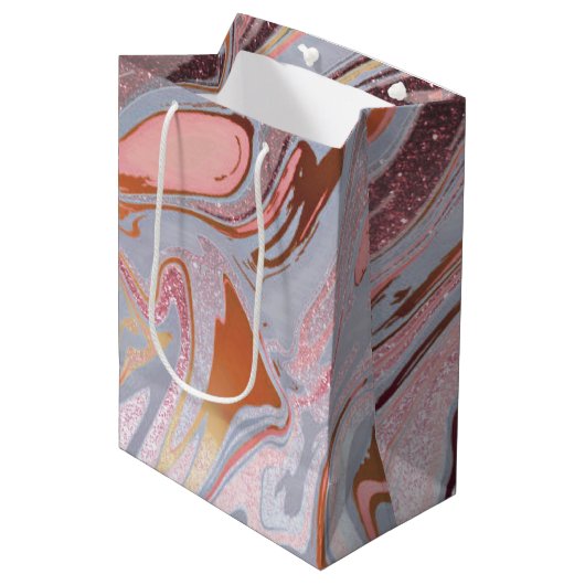 Roze gouden glitters en marmer medium cadeauzakje (Voorkant Gekanteld)
