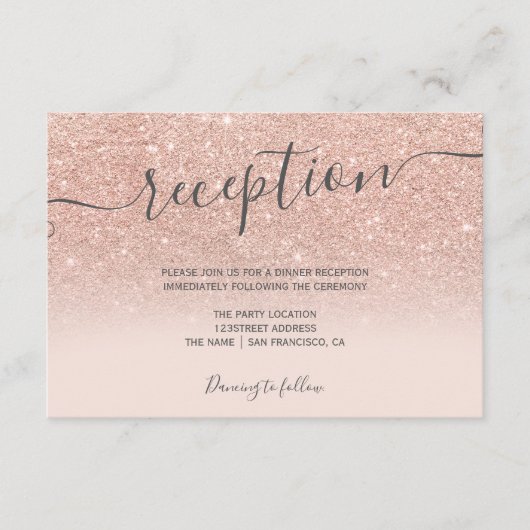 Roze gouden glitters glans blush script receptie informatiekaartje (Voorkant)