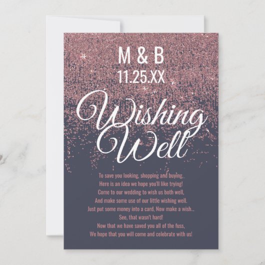 Roze Gouden Glitters Glans Donkerblauwe Wensput Kaart (Voorkant)