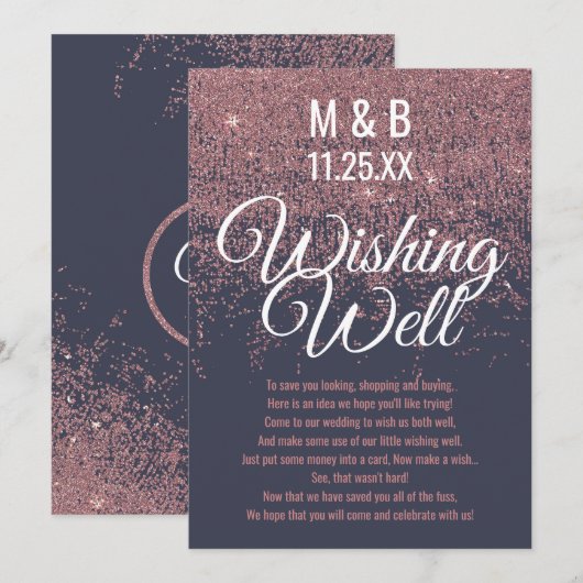 Roze Gouden Glitters Glans Donkerblauwe Wensput Kaart (Voorkant / Achterkant)