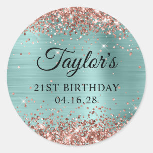 Roze Gouden Glitters Glans Licht Turquoise Folie 2 Ronde Sticker