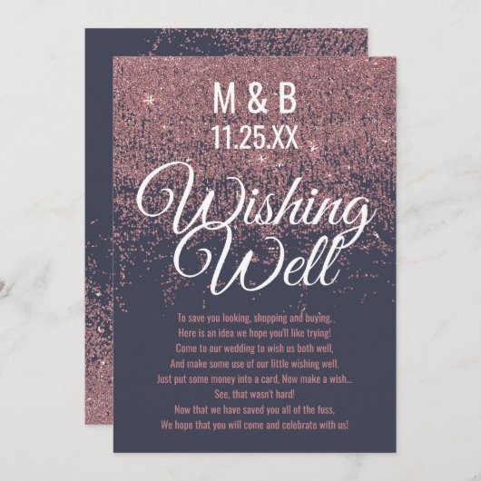 Roze Gouden Glitters Glans Navy Blauwe Wensput Kaart (Voorkant / Achterkant)