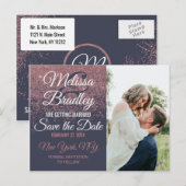 Roze Gouden Glitters Glans Navyblauw Bewaar Data Aankondigingskaart (Voorkant / Achterkant)