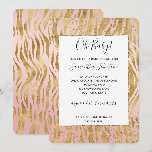 Roze Gouden Glitters Glans Zebra Baby Shower Kaart (Voorkant / Achterkant)