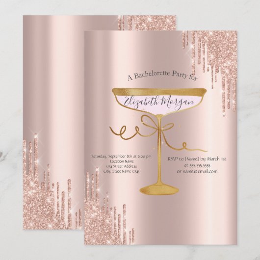 Roze Gouden Glitters Glazen Bruidsmeisje Wijn Glas Kaart (Voorkant / Achterkant)