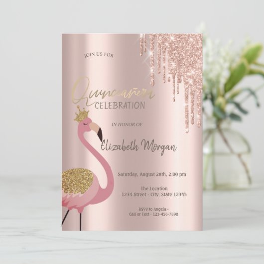 Roze Gouden Glitters Glazuur Roze Flamingo Quincea Kaart (Staand voorkant)