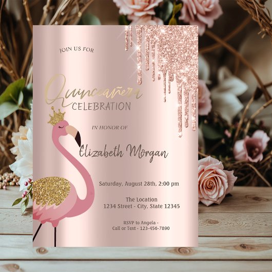 Roze Gouden Glitters Glazuur Roze Flamingo Quincea Kaart