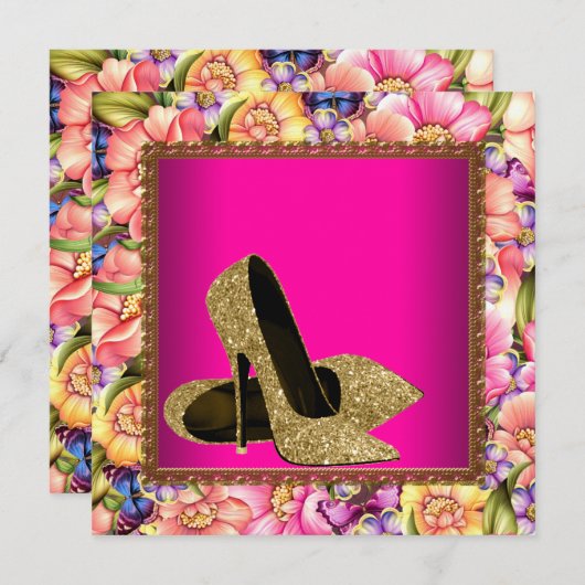 Roze Gouden Glitters Hoge Hakken Feest Template Kaart (Voorkant / Achterkant)