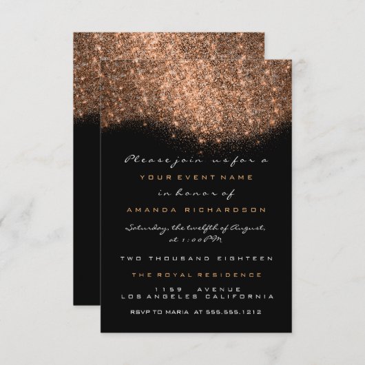 Roze Gouden Glitters Koper Zwart Formele Uitnodigi Kaart (Voorkant / Achterkant)
