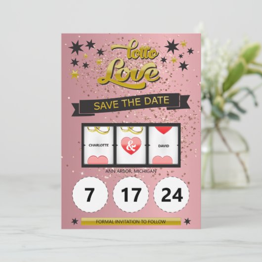 Roze Gouden Glitters Lotto Liefde Bewaar de Datum Save The Date (Staand voorkant)