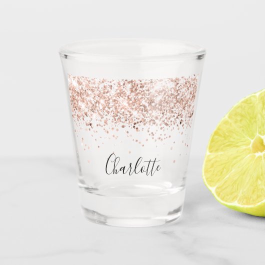 Roze gouden glitters naam script elegant shot glas (Voorkant)