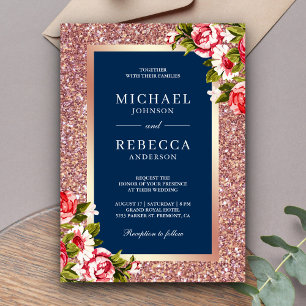 Roze Gouden Glitters Roze Bloemen Marineblauwe Tro Kaart