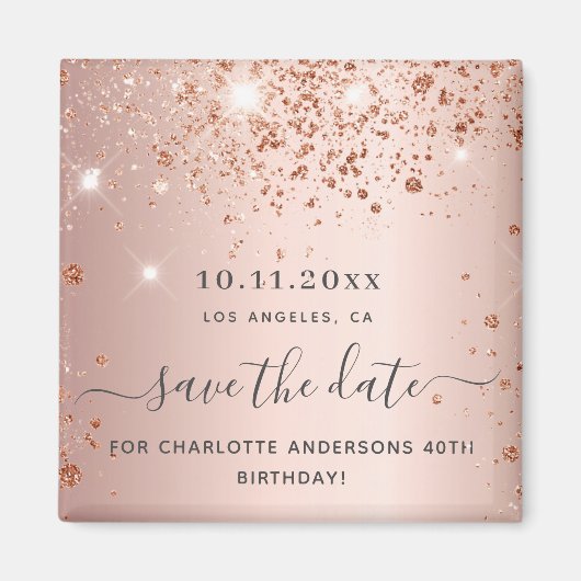 Roze gouden glitters save the date voor verjaardag magneet (Voorkant)