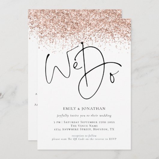 Roze Gouden Glitters We Do QR Bruiloft Kaart (Voorkant / Achterkant)