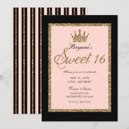 Roze Gouden Glitters & Zwarte Sweet 16 Prinsessen Kaart