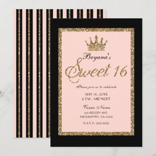 Roze Gouden Glitters & Zwarte Sweet 16 Prinsessen Kaart