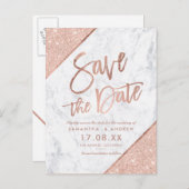 Roze gouden glitterscript marmer save the date aankondigingskaart (Voorkant / Achterkant)