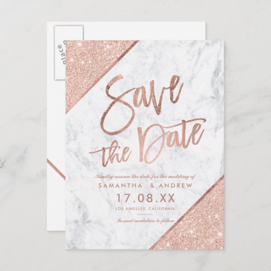 Roze gouden glitterscript marmer save the date aankondigingskaart (Voorkant / Achterkant)