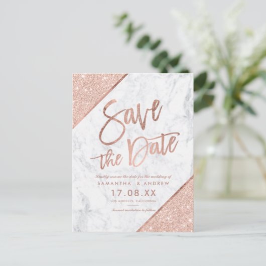 Roze gouden glitterscript marmer save the date aankondigingskaart (Staand voorkant)