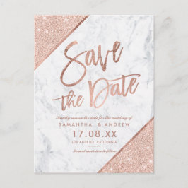 Roze gouden glitterscript marmeren save the date aankondigingskaart