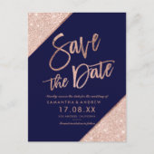 Roze gouden glitterscriptie navyblauw save the dat aankondigingskaart (Voorkant)