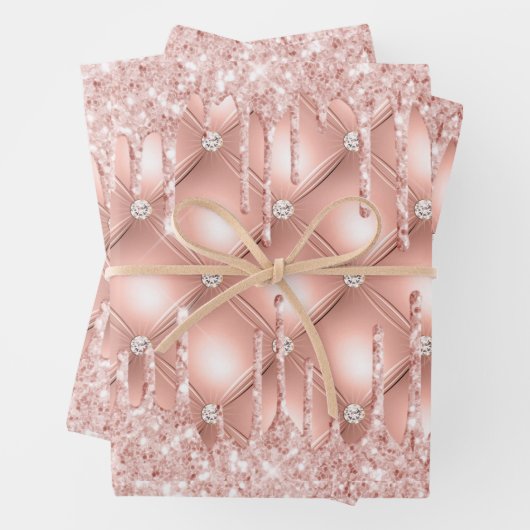 Roze gouden glittersparels roze glans luxe inpakpapier vel (In situ)