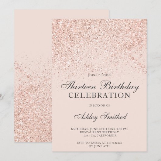 Roze gouden glittertjes bloost dertien kaart (Voorkant / Achterkant)